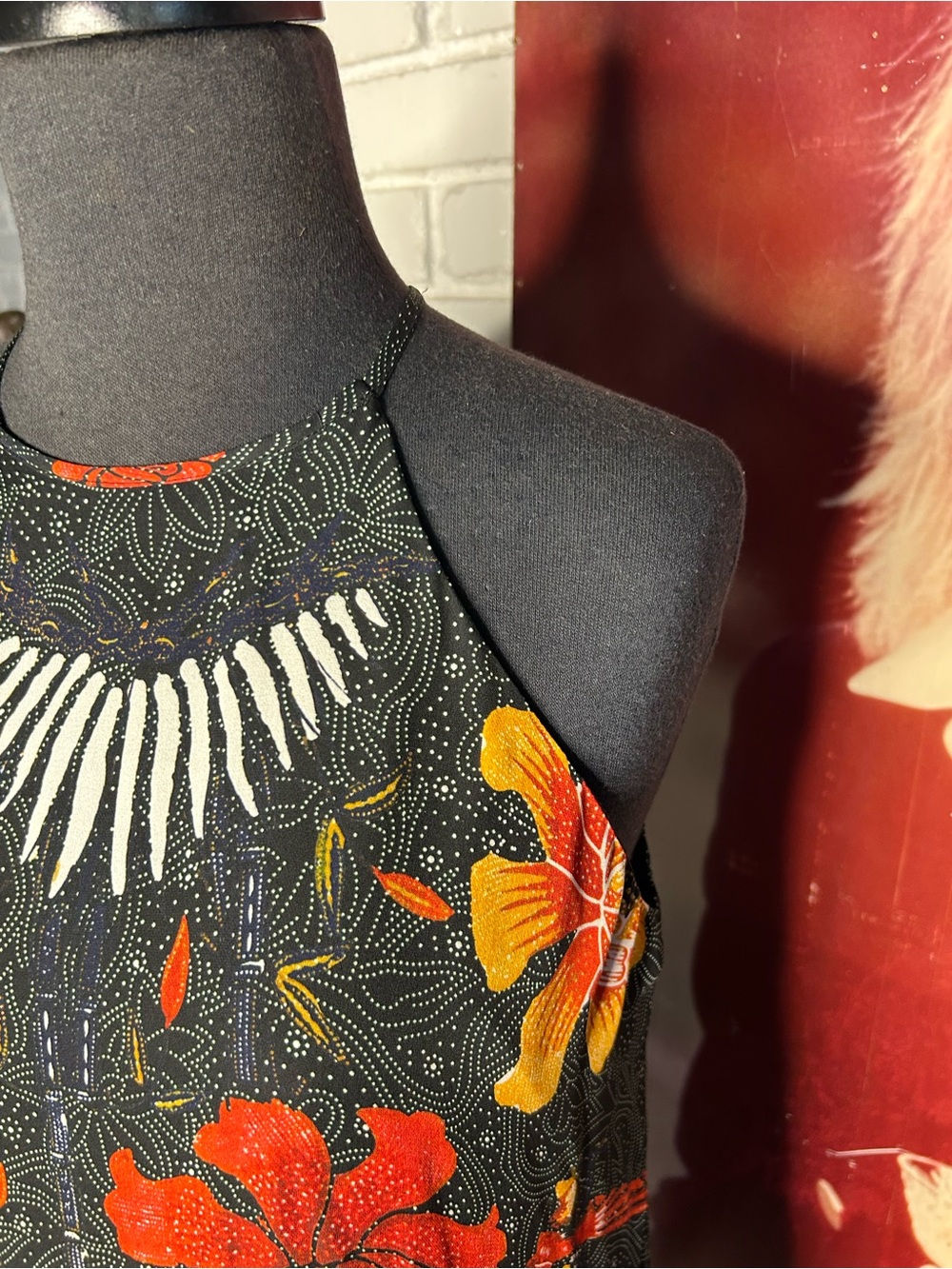 Kobi Halperin Black Halter Mini Dress with Red, Orange & Blue Floral print